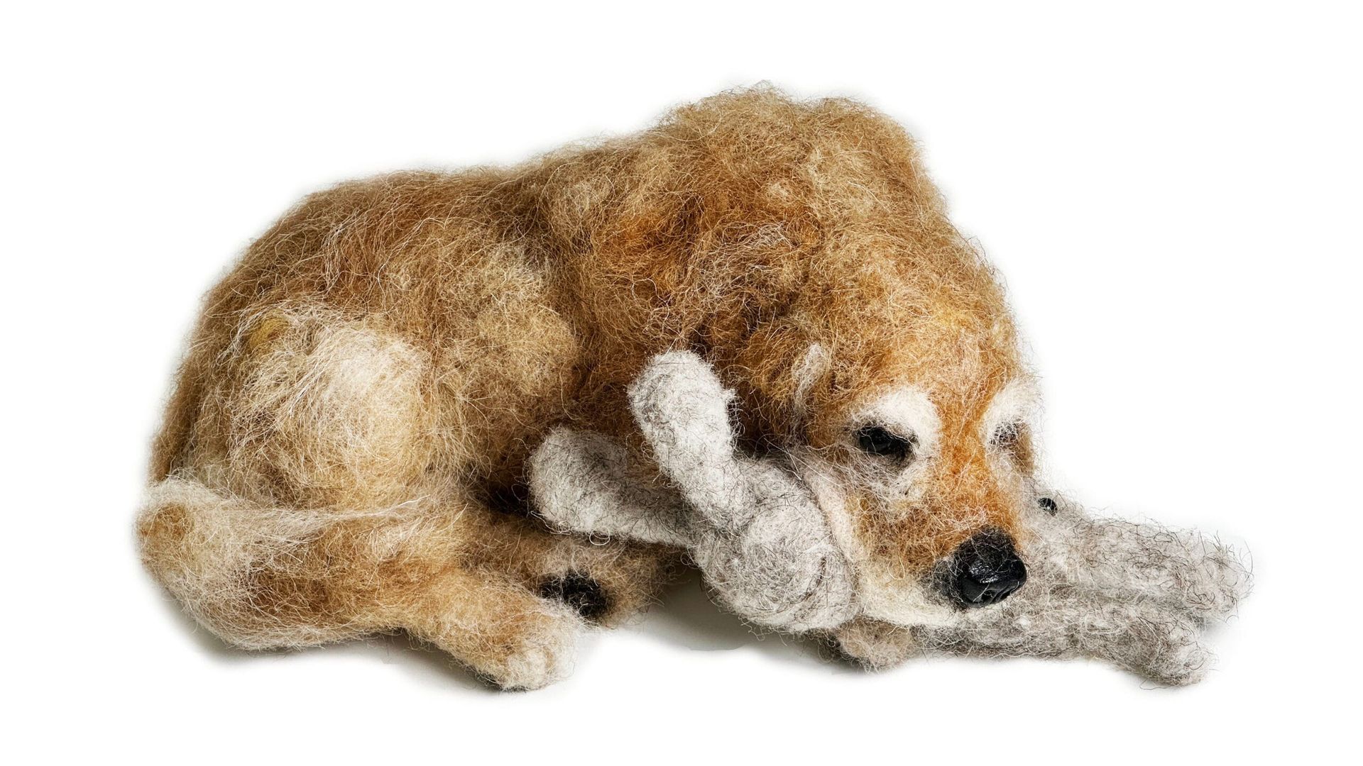 3D Pet Portrait of a brown dog sleeping holding a rabbit toy in felt