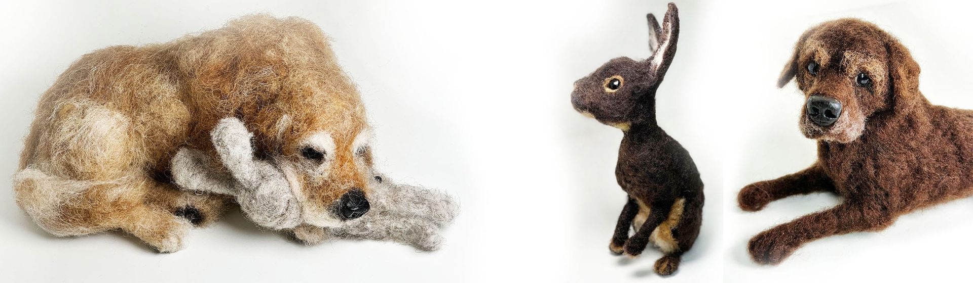 3D Pet Portrait of a two dogs and a rabbit in felt
