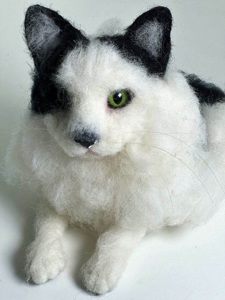 3D Pet Portrait of a black and white cat in felt