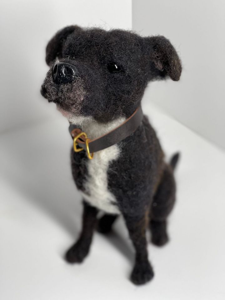 3D Pet Portrait of a black and white dog in felt