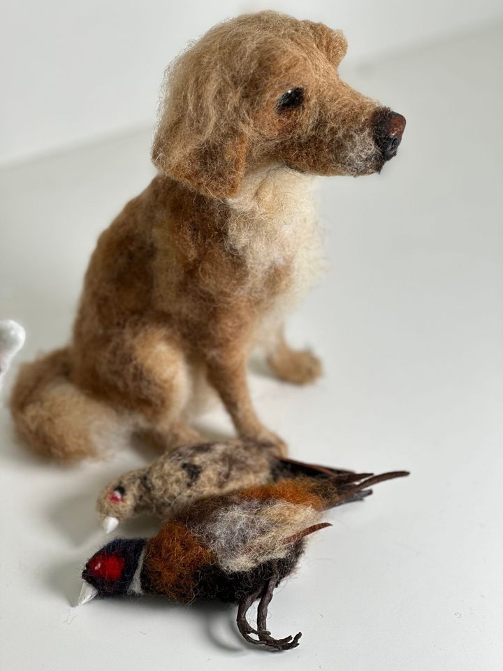 3D Pet Portrait of a dog with pheasants in felt