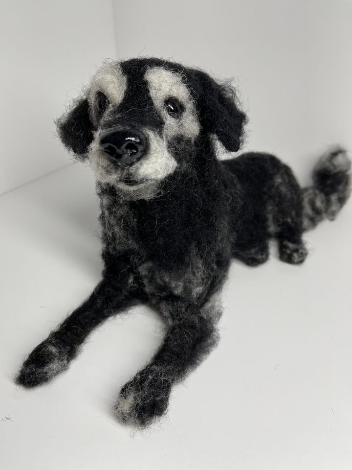 3D Pet Portrait of a black and white dog in felt