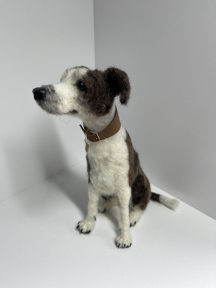 3D Pet Portrait of brown and white dog in felt